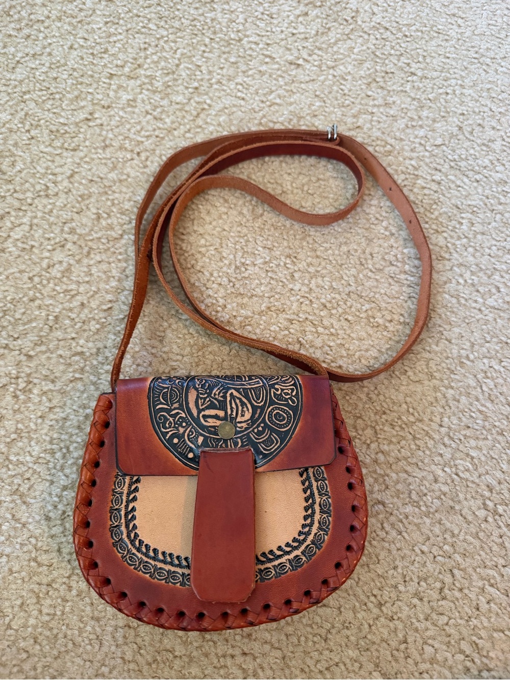 Handcrafted Brown Leather Crossbody Bag with Intricate Embossing NWOT